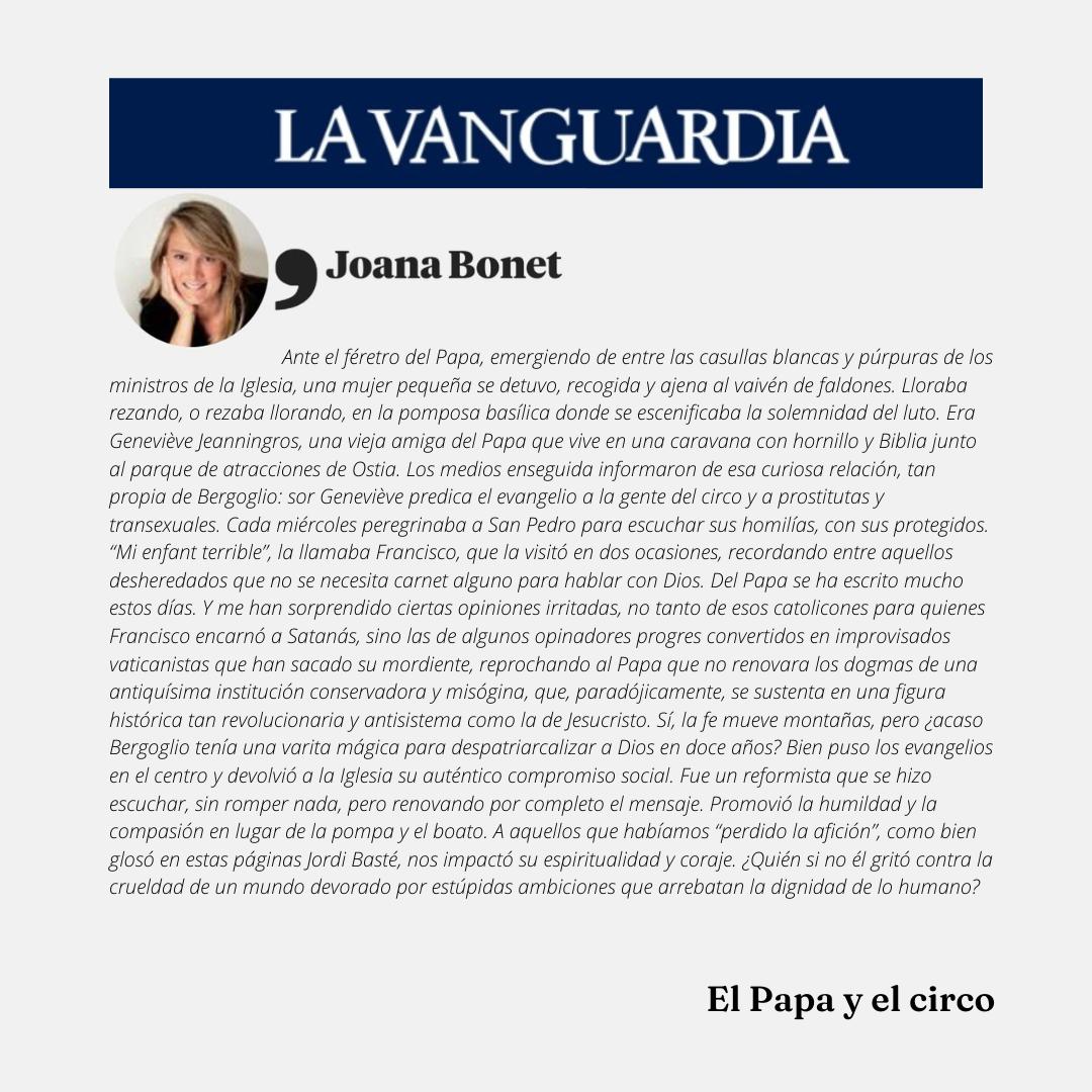 Joana Bonet (@bonetjoana) on Twitter photo "El Papa y el circo", mi artículo de ayer en <a href="/LaVanguardia/">La Vanguardia</a> sobre el Papa Francisco: lavanguardia.com/opinion/202504… "El Papa y el circo", mi artículo de ayer en <a href="/LaVanguardia/">La Vanguardia</a> sobre el Papa Francisco: lavanguardia.com/opinion/202504…