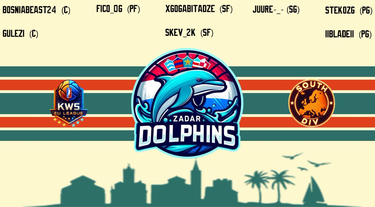 Zadar Dolphins (@zadardolphins) on Twitter photo We would like to present you the upcoming roster for the next <a href="/KW5League/">KW5 EU League</a> season ๐ฅ
PG: <a href="/ItzBIade/">๐B โฌ NN ยฅ๐</a>
PG: StekoZG
SG: <a href="/Juure__/">Jure Knezevic</a>
SF: <a href="/xGogaBitadze/">xGogaBitadze</a>
SF: <a href="/qSkevo/">Skev_2k</a>
PF: Fico_06
C: <a href="/guleziii/">gulezi</a>
C: <a href="/BosniaBoy88/">Bosnia Boy</a> We would like to present you the upcoming roster for the next <a href="/KW5League/">KW5 EU League</a> season ๐ฅ
PG: <a href="/ItzBIade/">๐B โฌ NN ยฅ๐</a>
PG: StekoZG
SG: <a href="/Juure__/">Jure Knezevic</a>
SF: <a href="/xGogaBitadze/">xGogaBitadze</a>
SF: <a href="/qSkevo/">Skev_2k</a>
PF: Fico_06
C: <a href="/guleziii/">gulezi</a>
C: <a href="/BosniaBoy88/">Bosnia Boy</a>