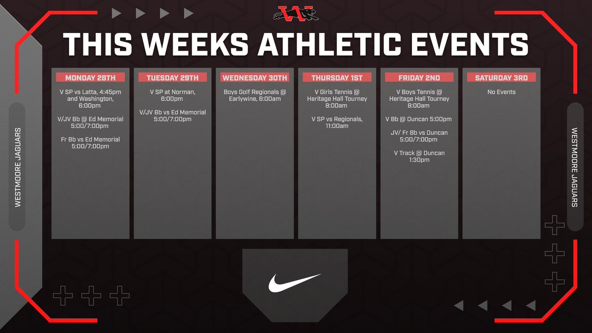 Check out this weeks events! This is the last week of regular season. Softball and Boys Golf have regionals!