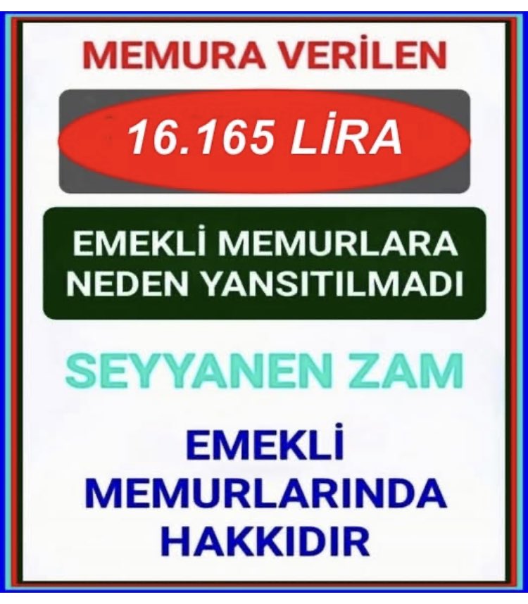 Anlamamakta ısrar edenler için" #EmekliMemur 
✅YASALhakkı olan ve ✅Cumhurbaşkanının SÖZ de vermesine rağmen
 375/40 ek maddeyle
el koyulan seyyanen zam sözünün yerine getirilmesini 23 aydır bekliyor..

#MemurEmeklisineAdalet <a href="/iletisim/">T.C. İletişim Başkanlığı</a>
<a href="/Akparti/">AK Parti</a>
<a href="/tcbestepe/">T.C. Cumhurbaşkanlığı</a>