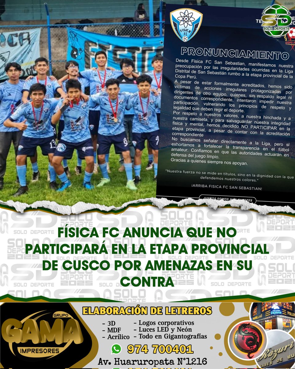 SoloDeporteC's tweet photo. 🗞️ El Club Física FC, subcampeón de la Liga Distrital de San Sebastián de Cusco, informó que no participará en la etapa provincial de la Copa Perú por amenazas recibidas en contra de su plantel por parte de dirigentes de otro equipo. 

#Noticias
#SoloDeporte https://t.co/kW2bz5zWEN