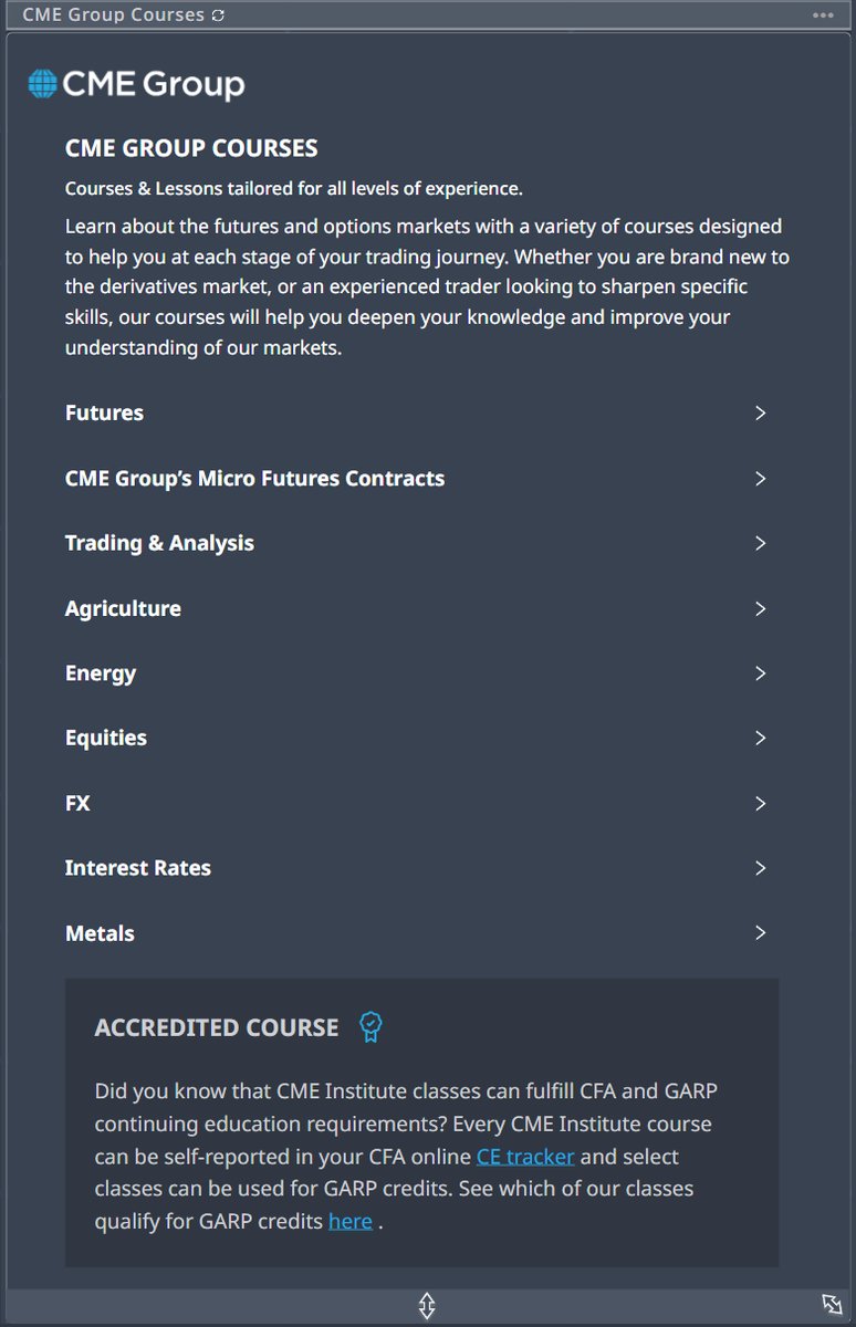 PiQMarkets's tweet photo. 📚 @CMEGroup Education on PiQ Suite 📚

Explore courses to refine your understanding of futures and options products. 

Browse self-paced courses and pathways to guide you through your journey into derivatives.

Find out more → https://t.co/HeQZaHGYIE https://t.co/vSZpzEljih