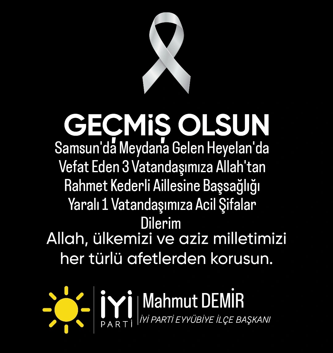 #Samsun'da Meydana Gelen #Heyelan'da Vefat Eden 3 Vatandaşımıza Allah'tan Rahmet Kederli Aillesine Başsağlığı Ve Yaralı 1 Vatandaşımıza Acil Şifalar Dilerim.

<a href="/aefakibaba/">Dr. Ahmet Eşref FAKIBABA</a>
<a href="/AliErogllu/">Ali £roğlu</a> <a href="/iyikulisresmi/">İYİ Kulis</a> <a href="/iyiphaber/">İYİ Haber</a> <a href="/iyiparti/">İYİ Parti</a> <a href="/MDervisogluTR/">Müsavat Dervişoğlu</a>