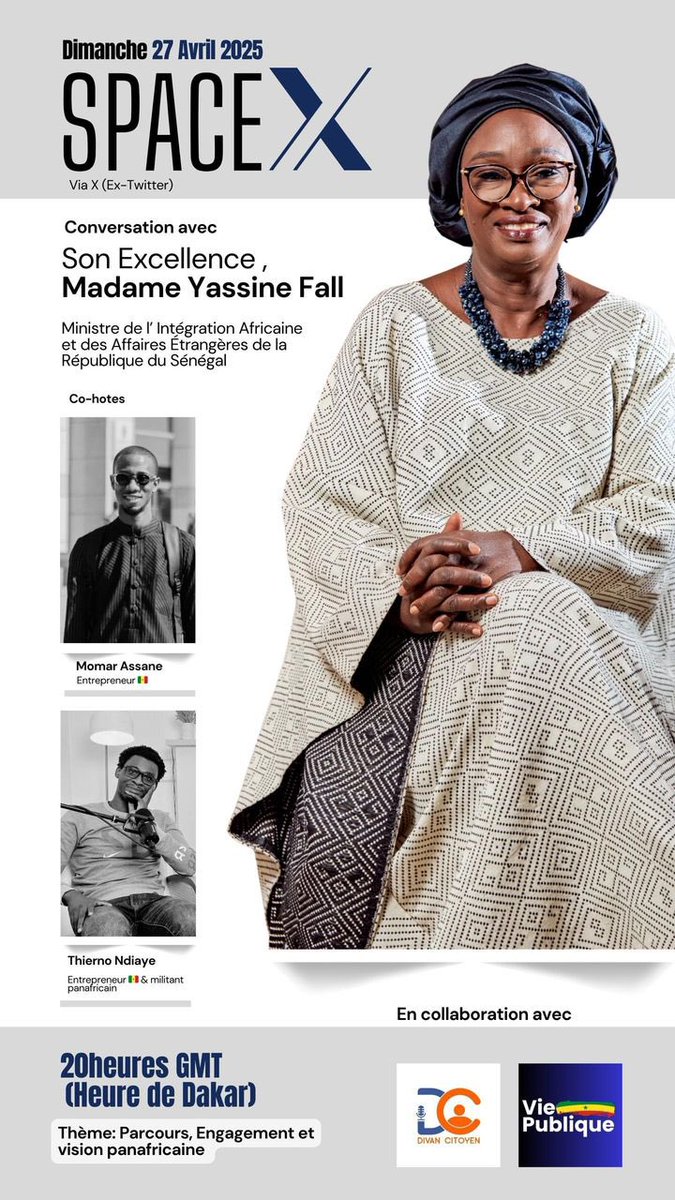 Merci à Mm la ministre <a href="/YassineFall/">Yassine Fall</a> et a l’équipe du ministère <a href="/miaae_senegal/">Min. Intégration Africaine & Affaires Étrangères</a> pour l’échange accordé

Merci à <a href="/Noo_IDcard/">Momar Assane</a> <a href="/djigane/">Jigaan ⭐️</a> <a href="/ViePubliqueSN/">Vie-Publique SN</a> pour la coordination et la gestion du space et à tous les intervenants 

On s’excuse pour toutes les questions omises