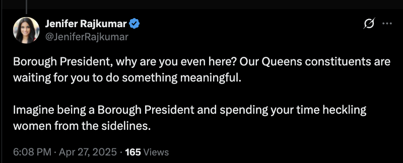 aaron from queens 🇵🇸 (@aaronnarraph) on Twitter photo After a poll showed her at just 6%, <a href="/JeniferRajkumar/">Jenifer Rajkumar</a> is completely crashing out, posting racist memes about her opponent and weirdly taunting the Queens Borough President (who endorsed her over the incumbent in her 2020 primary) After a poll showed her at just 6%, <a href="/JeniferRajkumar/">Jenifer Rajkumar</a> is completely crashing out, posting racist memes about her opponent and weirdly taunting the Queens Borough President (who endorsed her over the incumbent in her 2020 primary)