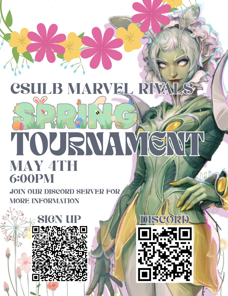 Spring into action!
CSULB Marvel Rivals Spring Tournament is happening May 4th at 6PM!

Sign up today! ⬇️⬇️⬇️
docs.google.com/forms/d/e/1FAI…

Tournament is open to anyone! 
#CSULBEsports