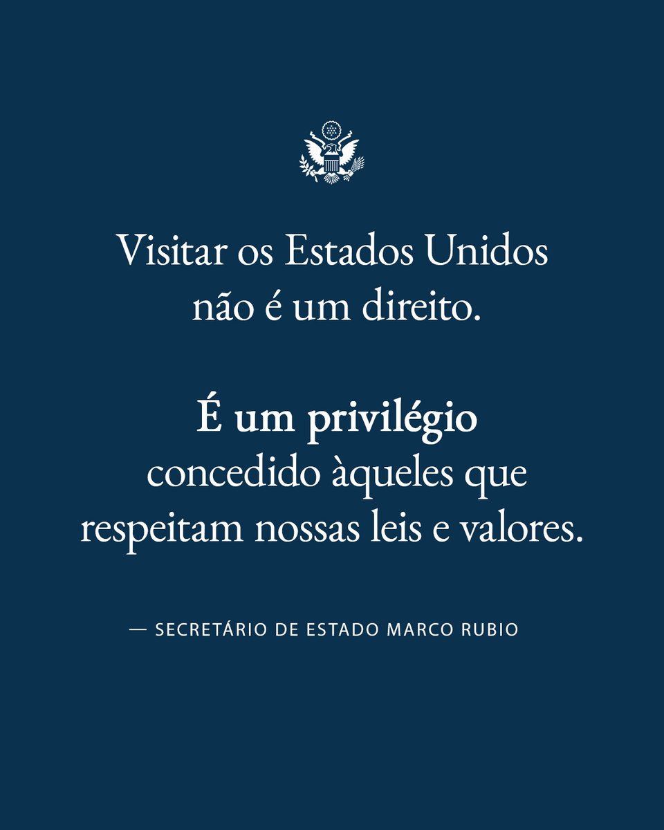 USA em Português (@usaemportugues) on Twitter photo "Os vistos americanos são um privilégio, e não um direito, reservados àqueles que tornam os Estados Unidos melhores, e não àqueles que buscam destruí-los por dentro." –<a href="/SecRubio/">Secretary Marco Rubio</a> "Os vistos americanos são um privilégio, e não um direito, reservados àqueles que tornam os Estados Unidos melhores, e não àqueles que buscam destruí-los por dentro." –<a href="/SecRubio/">Secretary Marco Rubio</a>