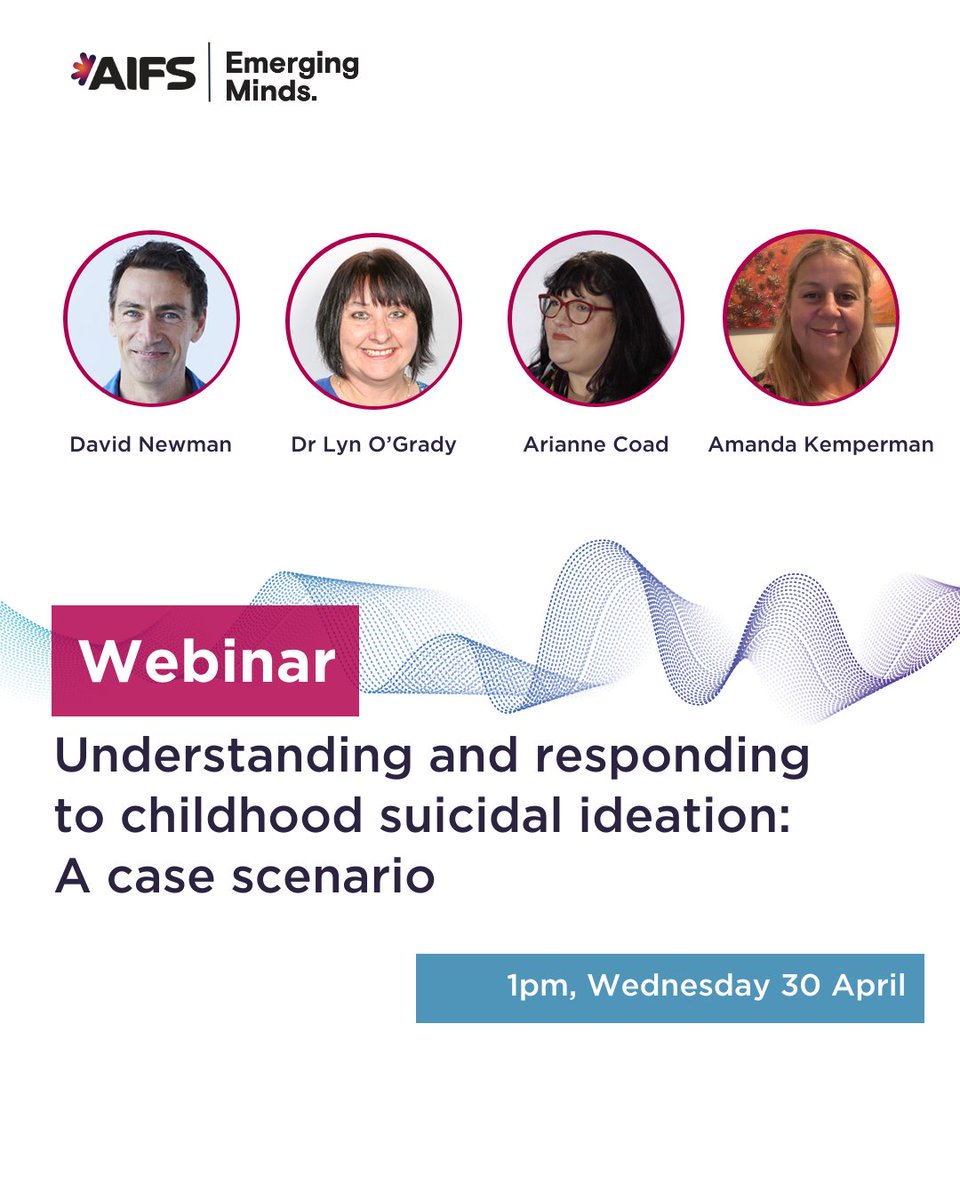 AIFS (@aifs_gov_au) on Twitter photo Last chance to register for our upcoming #webinar with <a href="/EmergingMindsAU/">Emerging Minds AU</a> on Wed 30 April 2025, 1PM AEST, which will explore how #practitioners can better understand and respond to childhood suicidal ideation through a case scenario: aifs.gov.au/understanding-… Last chance to register for our upcoming #webinar with <a href="/EmergingMindsAU/">Emerging Minds AU</a> on Wed 30 April 2025, 1PM AEST, which will explore how #practitioners can better understand and respond to childhood suicidal ideation through a case scenario: aifs.gov.au/understanding-…