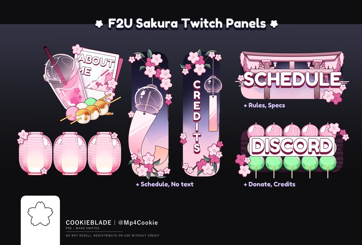 ❀ F2U SAKURA TWITCH PANELS ❀

Spice up your twitch with these sakura themed panels! 🌸
Now available on ko-fi!!

🔻Link below🔻