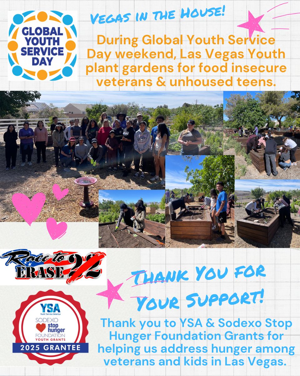 NancyBrune's tweet photo. #Vegas youth are in the house for #GlobalYouthServiceDay #2025GYSD. Today, teens partnered w/ #Race2Erase, which supports vets &amp; 1st responders &amp; raises awareness about suicide. They planted gardens 2support food insecure vets &amp; unhoused teens. Thanks @sodexoUSA  &amp; @YouthService https://t.co/sYouq4dSR9