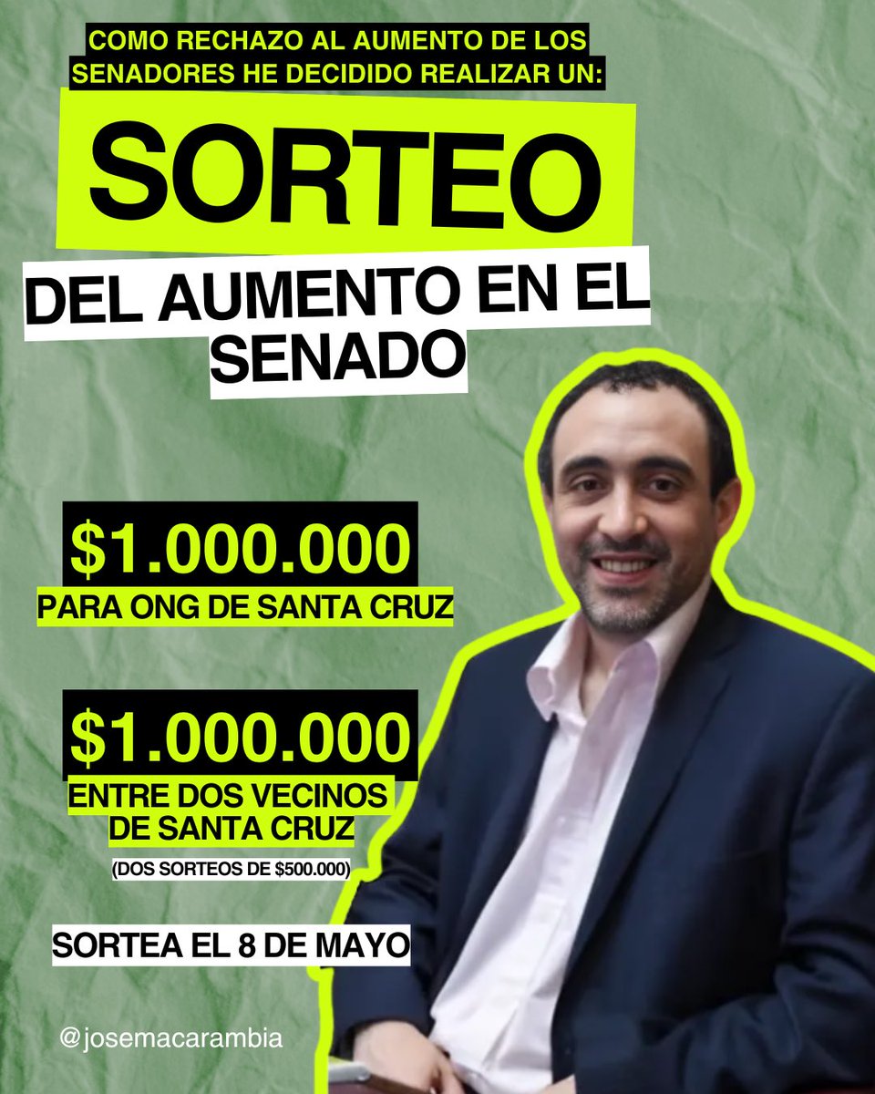 JosemaCarambia's tweet photo. Como rechazo al aumento de senadores, sorteo el monto entre los vecinos de Santa Cruz: $1.000.000 para una ONG y $500.000 para dos ganadores. Participá completando el formulario. Sorteamos el 8/5 a las 18 hs en IG y FB.
https://t.co/3KnxtRz1Ur https://t.co/fGCZEWhIr4