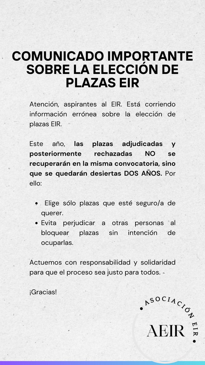 COMUNICADO IMPORTANTE SOBRE LA ELECCIÓN DE PLAZAS EIR #EIR25