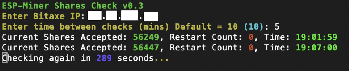 MyOwn2C's tweet image. I wrote a Python Script to check for increasing shares.
github.com/MyOwn2C/ESP-Mi…
Enter the IP of your Bitaxe.
Specify time interval between checks.
If number of accepted shares are not increasing, it will restart the Bitaxe.