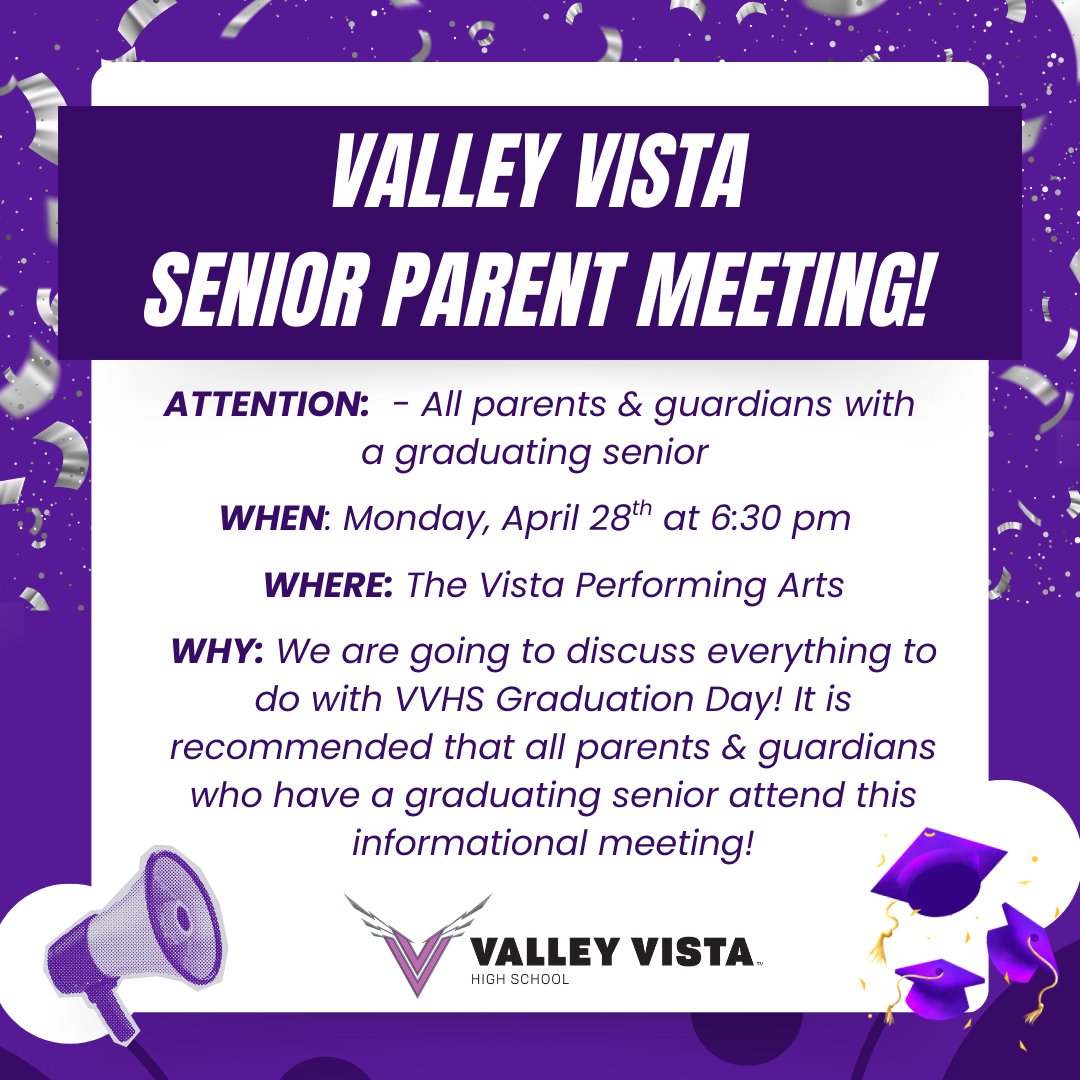 🎓 Senior Graduation Meeting – Don’t Miss It! 🎓
Calling all seniors, parents, and guardians! Join us for an important Senior Meeting to discuss everything you need to know about graduation and upcoming senior events. 💜🎉 🎓✨