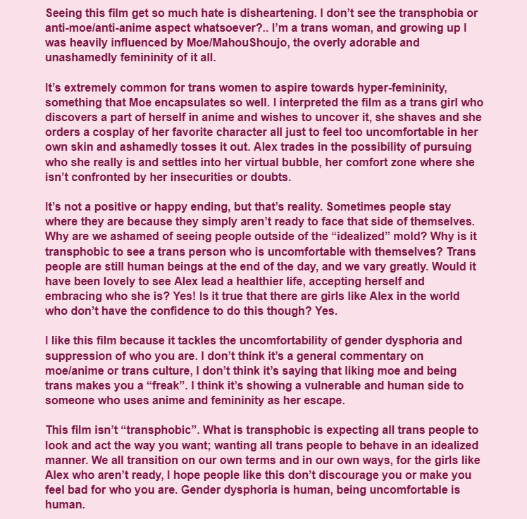 A trans girl who grew up influenced by Moe/MahouShoujo's opinion on Colin's "transphobic" film.