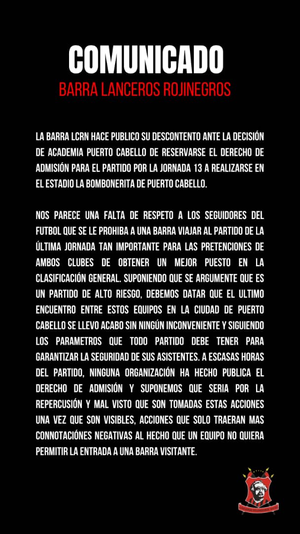 lavozdelhincha7's tweet photo. Una vez más @rafaellacava10 lo vuelve hacer, @la_academiapc se reserva el derecho de admisión a @BarraLCRN algo que ya se  había acabado en nuestra @LigaFUTVE , además de intimidar árbitros ahora le niega la entrada a la hinchada visitante @FVF_Oficial que está pasando? https://t.co/xPkMHpAkLd