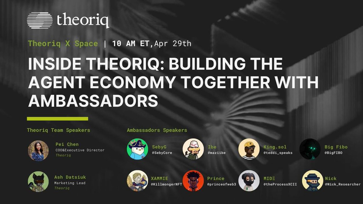 Join us as we spotlight our Infinity Swarm Ambassadors and explore the future of agent-powered DeFi!

🗓️ Date and Time: April 29th 10 AM ET

🎙️ Topic: Building the Agent Economy Together

🔗 X Space Link: x.com/i/spaces/1rmGP…

Featuring Theoriq Core Team:
<a href="/PeiChen01/">Pei</a> <a href="/incyd__/">Ash (🇺🇦,🤖)</a>