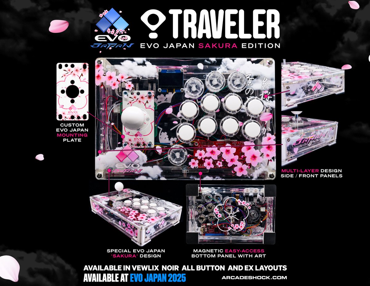 ArcadeShock's tweet photo. EVO JAPAN 2025 - ARCADESHOCK Booth

May 9 - 11, 2025 

AS Traveler - Sakura Edition

Limited to 45 Units 

The officially licensed EVO Japan AS Traveler Controller celebrates the elegance of Sakura season in full bloom. Featuring custom artwork printed across multiple layers, the design evokes a clean and natural aesthetic. The minimalist case not only highlights its beauty but also offers compatibility with parts readily available from a wide range of manufacturers.

This product is offered as a pre-assembled case, allowing users to customize the controller with their preferred parts and PCB. A magnetic, removable bottom panel provides quick and convenient access to the interior for easy personalization.

Five different layout options will be available, including an all-button configuration.

The illustration on the case was created in-house by our graphic designer, @hibachifinal, and each unit is hand-assembled by our team of expert modders.

AS Team