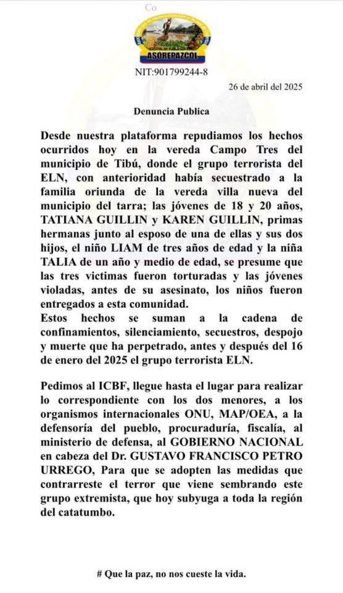 Juan Manuel Silva A (@juanmsilvaa) on Twitter photo Señores:
<a href="/LevyRincon/">Levy Rincón</a> <a href="/smilelalis/">Lalis</a> <a href="/CelsoTeteC/">Celso Tete Crespo 🇨🇴</a> <a href="/LaJulietaMM/">Julieta</a> <a href="/DonIzquierdo_/">David Rozo</a> <a href="/MeDicenWally/">Wally.</a> <a href="/Marianiniecheve/">Maria Niny Echeverry</a> <a href="/nometiente2/">Marce Portilla ♥️</a>
Cuánto cobran para que muestren los éxitos de la política de paz total, de esta denuncia pública???
Para cuando una publicación de la realidad en territorio? Señores:
<a href="/LevyRincon/">Levy Rincón</a> <a href="/smilelalis/">Lalis</a> <a href="/CelsoTeteC/">Celso Tete Crespo 🇨🇴</a> <a href="/LaJulietaMM/">Julieta</a> <a href="/DonIzquierdo_/">David Rozo</a> <a href="/MeDicenWally/">Wally.</a> <a href="/Marianiniecheve/">Maria Niny Echeverry</a> <a href="/nometiente2/">Marce Portilla ♥️</a>
Cuánto cobran para que muestren los éxitos de la política de paz total, de esta denuncia pública???
Para cuando una publicación de la realidad en territorio?