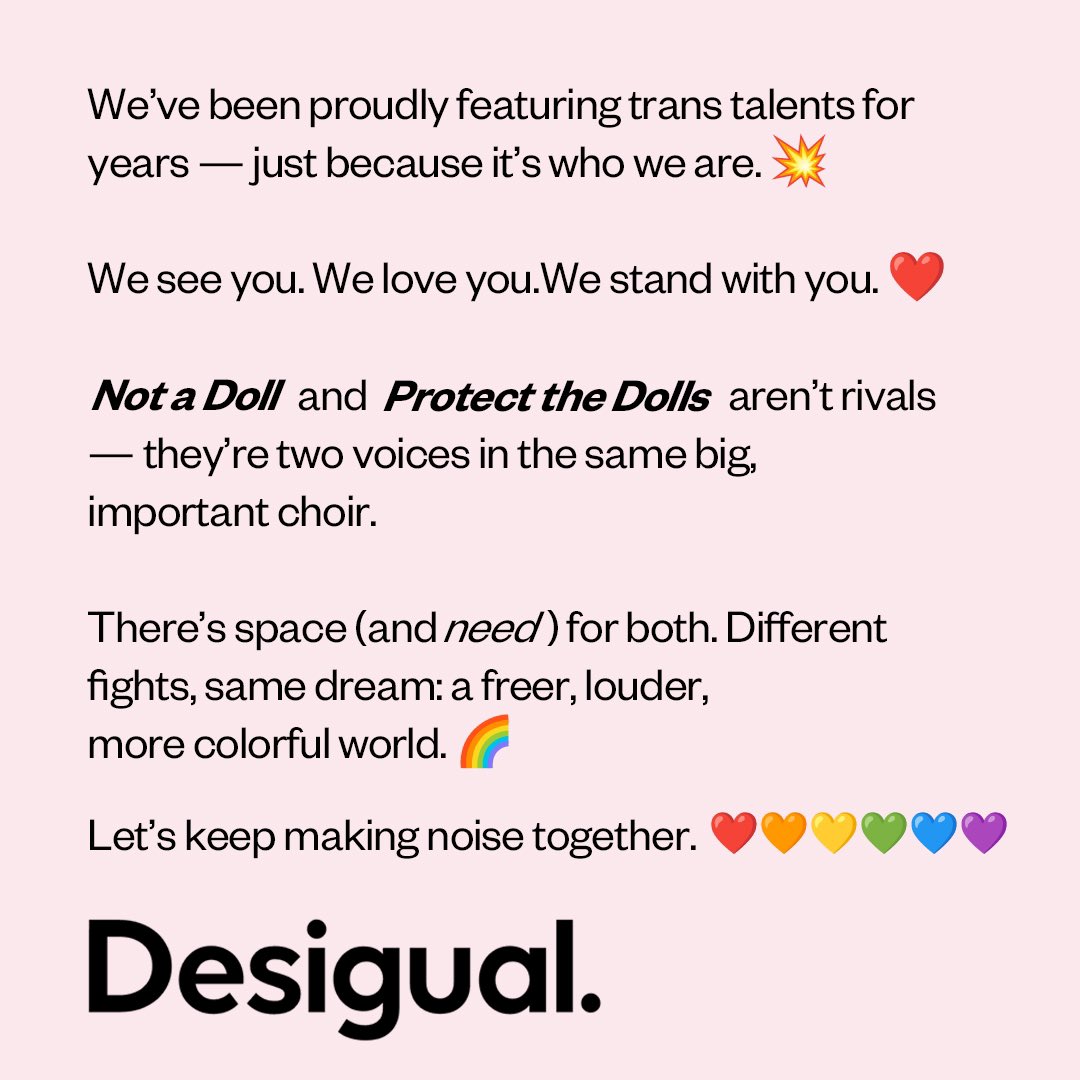 Not a doll and Protect the Dolls aren’t rivals - they’re two voices in the same big important choir.
#Desigual #NotaDoll