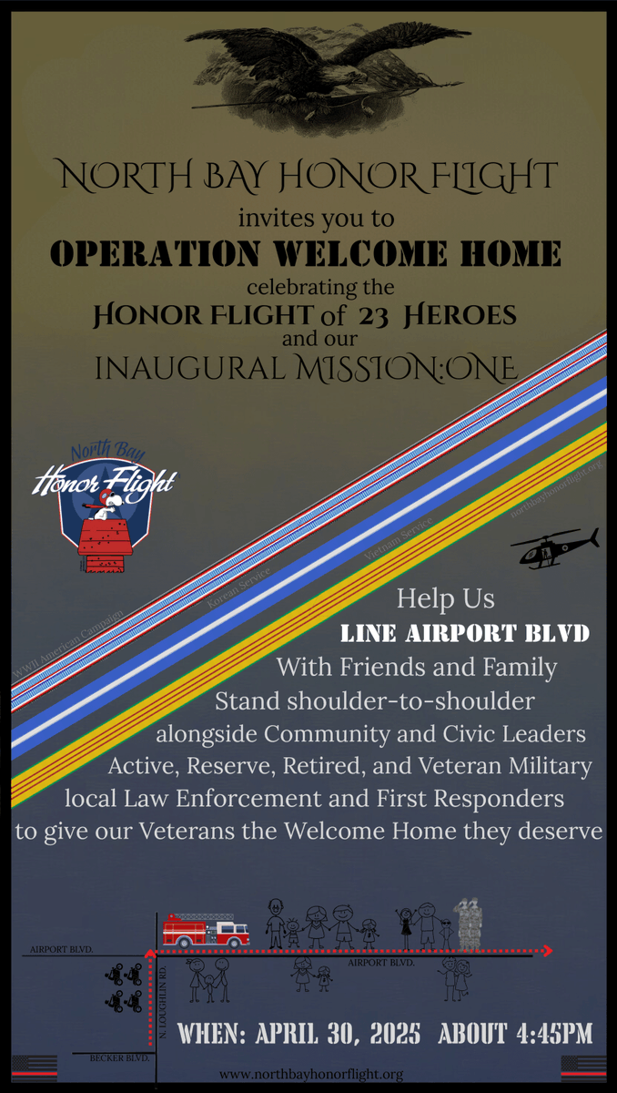 This Wednesday, let's come together to honor and welcome home 23 Veterans from WWII, Korea, and Vietnam as they return from North Bay Honor Flight’s first-ever mission to Washington, D.C., where they visited the war memorials and monuments that honor their service.

For many of