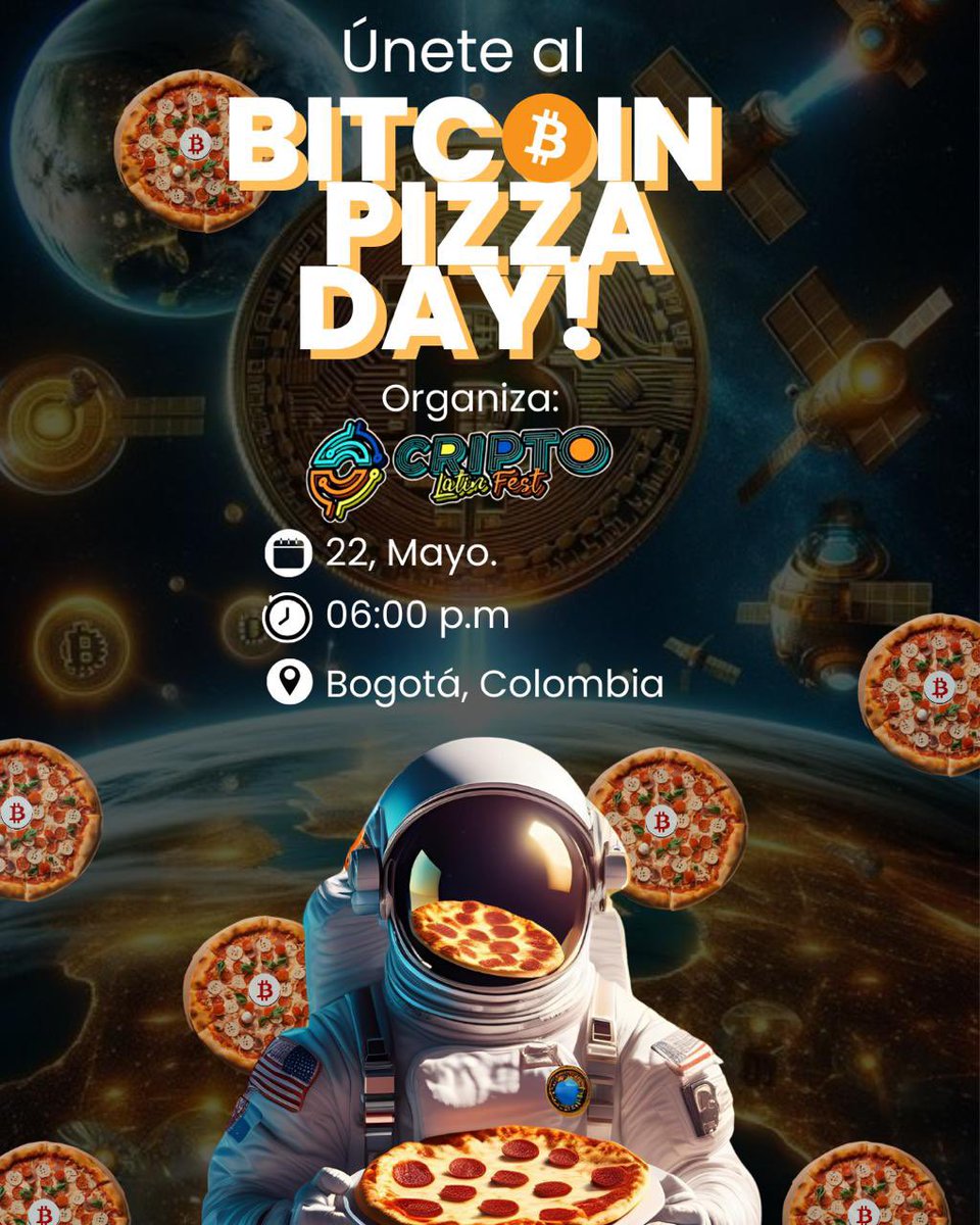 ¡Celebremos juntos el Bitcoin Pizza Day en Bogotá! 🍕✨

Cripto Latin Fest te invita a conmemorar uno de los momentos más icónicos en la historia de Bitcoin: la compra de dos pizzas por 10,000 BTC. 🧡
Acompáñanos este 22 de mayo de 2025 en un evento lleno de comunidad, buena