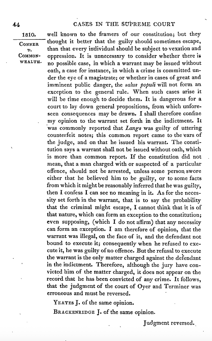 OrinKerr's tweet photo. Interesting early warrant case: Connor v. Comm., 3 Binn. 38 (Pa. 1810), holding a constable could not be prosecuted for failure to execute an arrest warrant here b/c  the warrant was unlawful: The judge issued it on a rumor, not an affiant's oath.
https://t.co/HzxF8mtGvQ https://t.co/Lo2Ib5Pv35