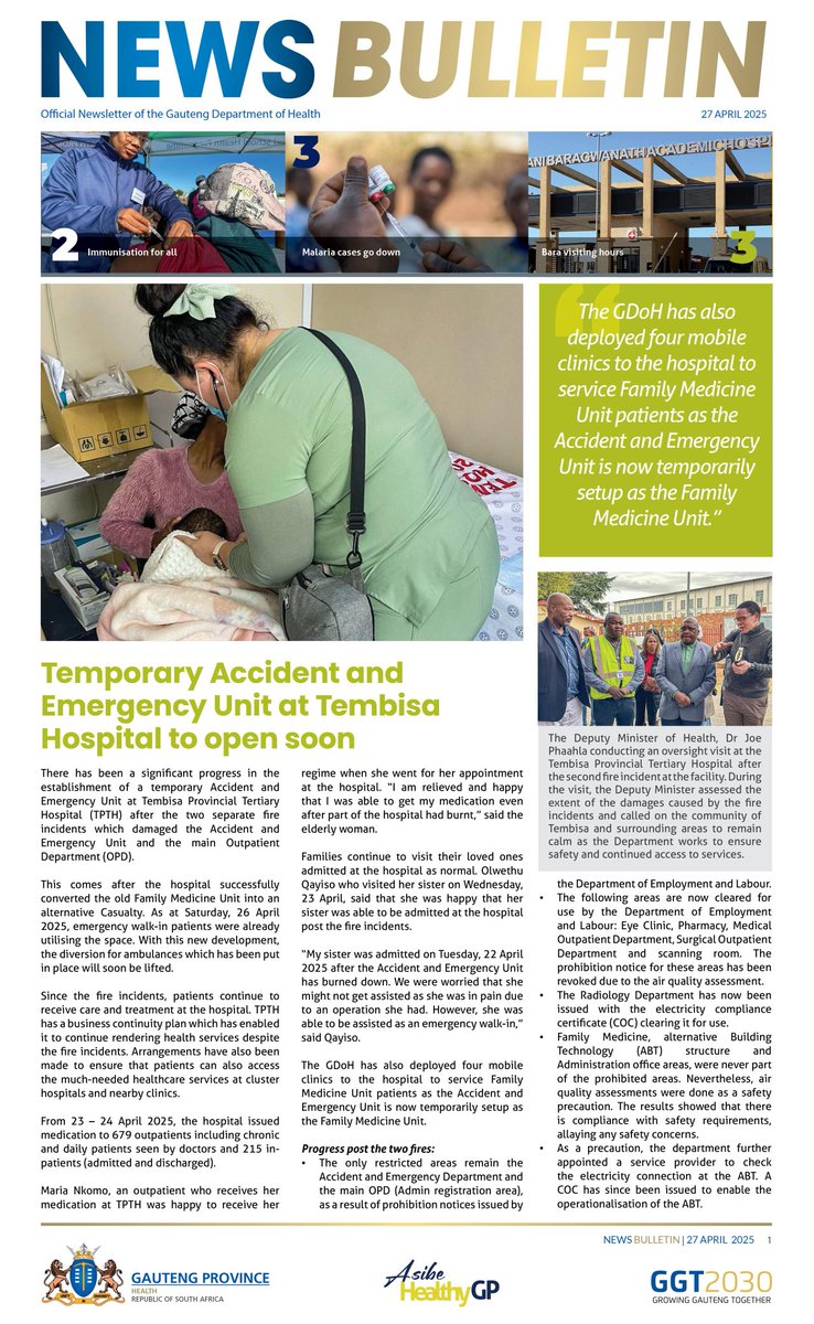 Tembisa Hospital (@tembisahospital) on Twitter photo Temporary Accident and Emergency Unit at Tembisa Hospital to open soon
Get this story and more on the latest issue of the <a href="/GautengHealth/">Gauteng Health</a> Department News Bulletin.
Click here to download: publuu.com/flip-book/8547…
#AsibeHealthyGP #IServeWithASmile Temporary Accident and Emergency Unit at Tembisa Hospital to open soon
Get this story and more on the latest issue of the <a href="/GautengHealth/">Gauteng Health</a> Department News Bulletin.
Click here to download: publuu.com/flip-book/8547…
#AsibeHealthyGP #IServeWithASmile