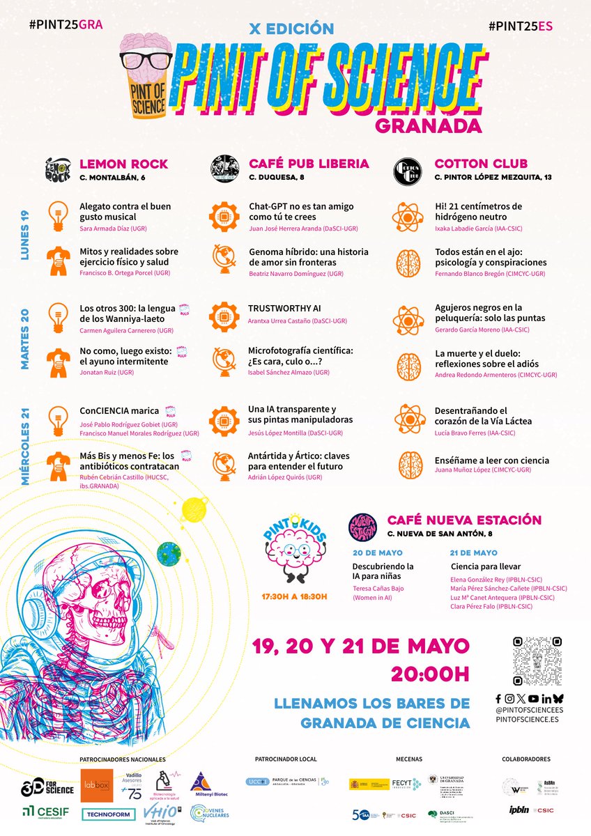 📣 ¡ATENCIÓN! ¡ PINT OF SCIENCE llena los bares de Granada de ciencia! 🔬

📍3 bares: Lemon Rock, Cotton Club y Liberia

🗓️ 3 días: 19, 20 y 21 de Mayo a las 20:00

‼️ NOVEDAD: PINT KIDS,  para los peques 👧🏻🥼

Info en nuestra web 👉🏻pintofscience.es/events/granada