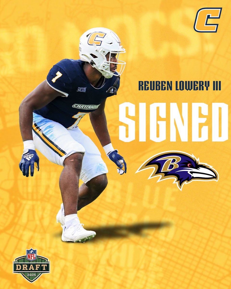 Chattanooga Football (@gomocsfb) on Twitter photo Chatt ➡️ Baltimore
Congratulations <a href="/reubenlowery3/">Reuben Lowery</a> for the UDFA signing with the Baltimore Ravens! 🏈 Chatt ➡️ Baltimore
Congratulations <a href="/reubenlowery3/">Reuben Lowery</a> for the UDFA signing with the Baltimore Ravens! 🏈