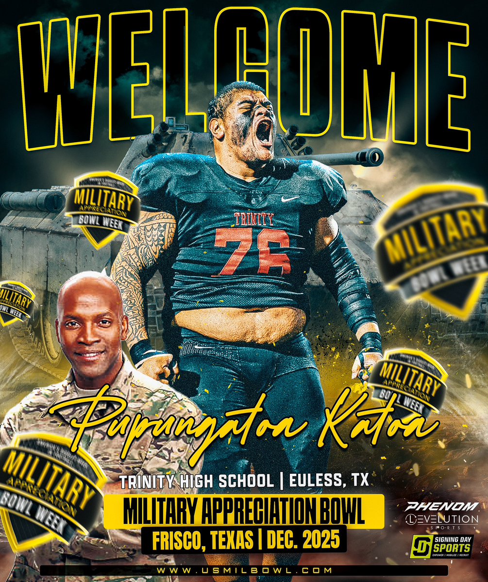 Pupungatoa Katoa (@toa_katoa) on Twitter photo Ready to Compete!
Thank you <a href="/joeray36/">Joe Ray</a> for inviting me to the Us Army All American Bowl!
<a href="/Molitoni4/">Toni Katoa</a> <a href="/Datgirljkatoa/">Jenny Katoa</a> <a href="/IAR2_Football/">TrinityTrojanFB</a> Ready to Compete!
Thank you <a href="/joeray36/">Joe Ray</a> for inviting me to the Us Army All American Bowl!
<a href="/Molitoni4/">Toni Katoa</a> <a href="/Datgirljkatoa/">Jenny Katoa</a> <a href="/IAR2_Football/">TrinityTrojanFB</a>
