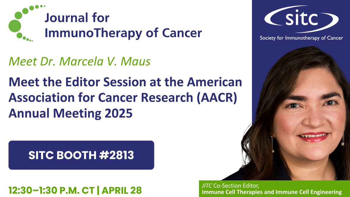 Society for Immunotherapy of Cancer (@sitcancer) on Twitter photo Share your research and discuss publication with <a href="/jitcancer/">Journal for ImmunoTherapy of Cancer</a> Meet the Editor Session with Dr. Marcela V. Maus, co-Section Editor of the #JITC Immune Cell Therapies and Immune Cell Engineering section. Stop by the SITC booth (#2813) at #AACR25 from 12:30–1:30 p.m. CT on April 28. Share your research and discuss publication with <a href="/jitcancer/">Journal for ImmunoTherapy of Cancer</a> Meet the Editor Session with Dr. Marcela V. Maus, co-Section Editor of the #JITC Immune Cell Therapies and Immune Cell Engineering section. Stop by the SITC booth (#2813) at #AACR25 from 12:30–1:30 p.m. CT on April 28.