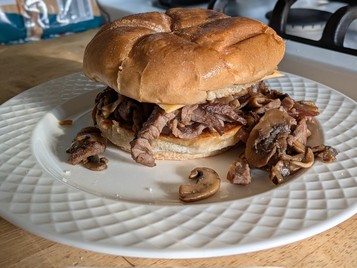 Last Wednesday, 3.5 pound ribeye sous vide for 12 hours, complete with good pan sear.  Thursday, steak and cheese with mushrooms and onions sandwich.