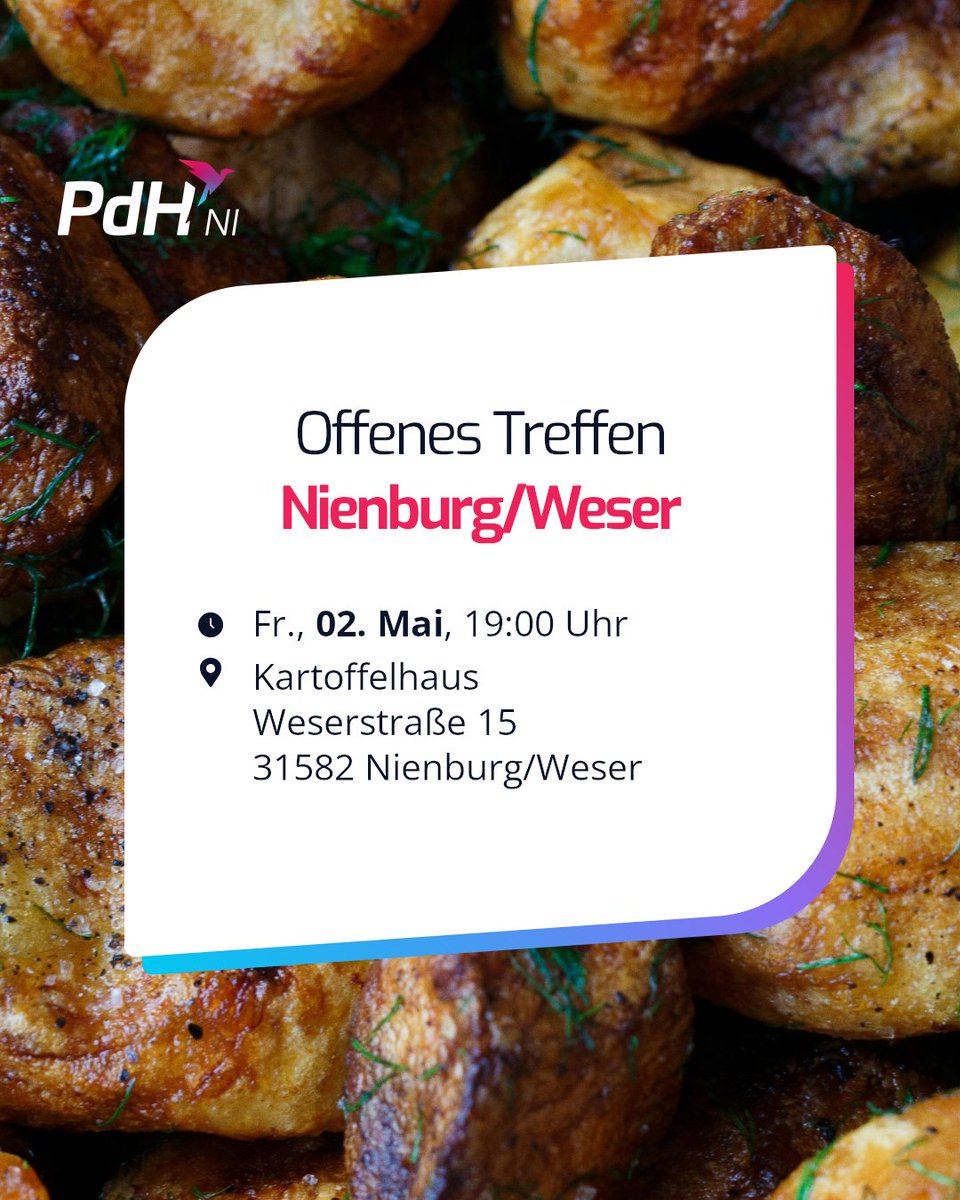 Nach einer kurzen Pause ist es wieder soweit: Wir treffen uns in Nienburg/Weser. Dieses Mal im Kartoffelhaus! 
Wenn ihr dabei sein wollt, sagt uns gerne Bescheid.
Bis dahin! :)