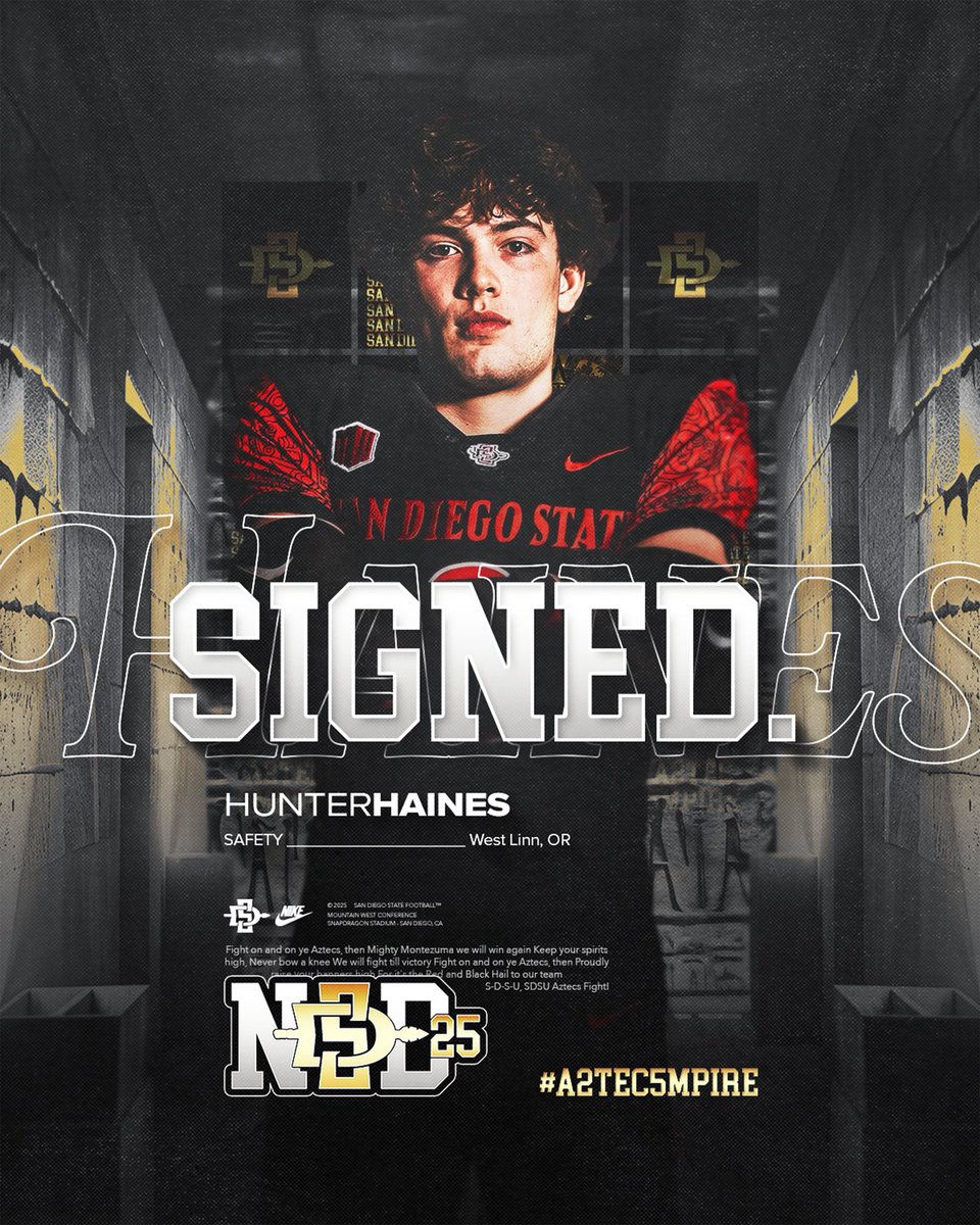 San Diego State Football (@aztecfb) on Twitter photo Welcome to The Mesa, <a href="/Hunter3Haines/">Hunter Haines</a>!
π West Linn, Oregon
π Safety
π« Washington State
#A2TEC5MPIRE x #NSD Welcome to The Mesa, <a href="/Hunter3Haines/">Hunter Haines</a>!
π West Linn, Oregon
π Safety
π« Washington State
#A2TEC5MPIRE x #NSD