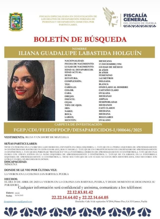CurulPuebla's tweet photo. #LaHasVisto ⁉️ Se solicita su apoyo para localizar a Iliana Guadalupe Labastida Holguín de 30 años de edad, quien fue vista por última vez el 10 de Abril de 2025 en colonia San Bartolo, #Puebla. Cualquier información, comuníquese al 2212838142 o al @911Puebla. #CurulPuebla https://t.co/QCjCLgODG3