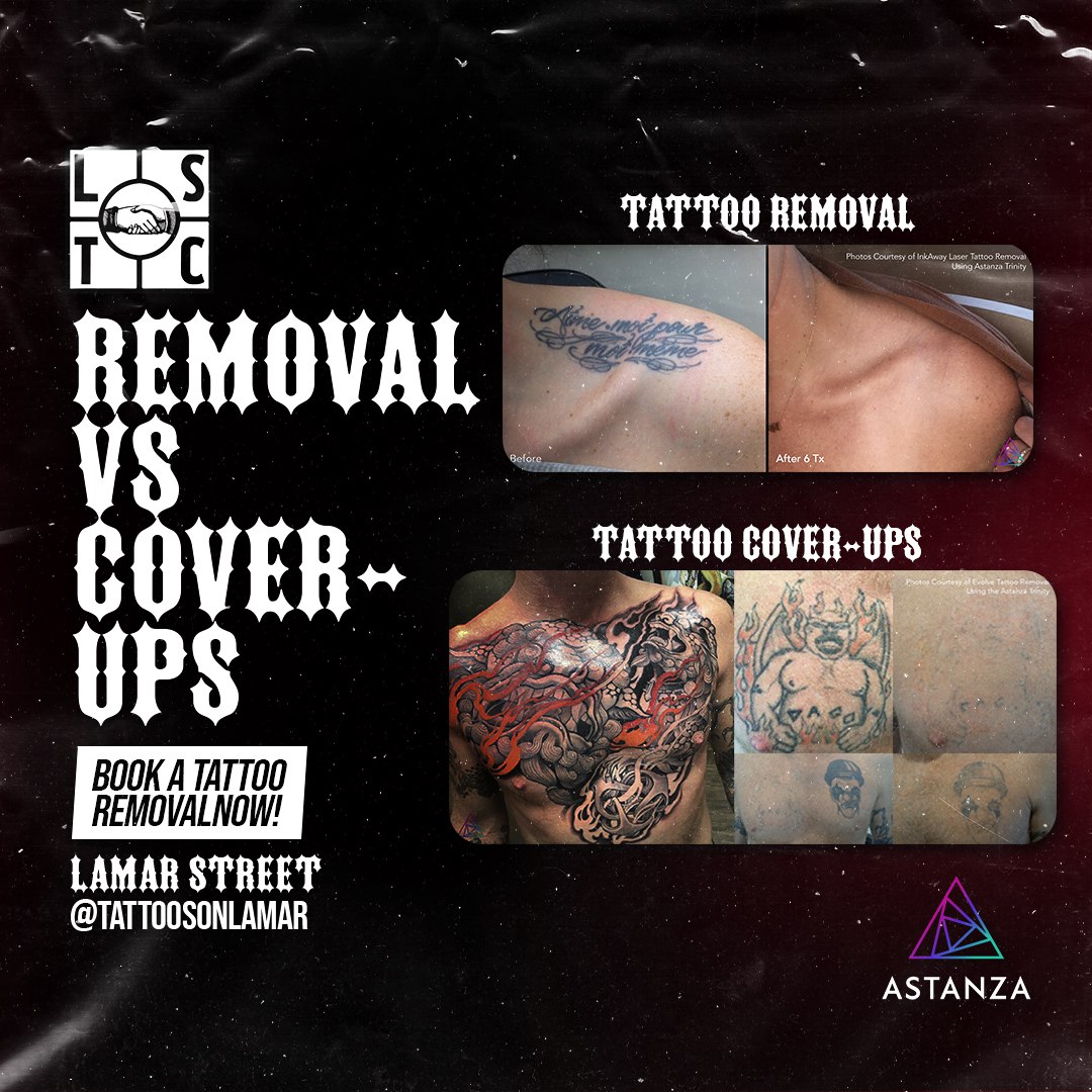 tattoosonlamar's tweet photo. Considering a tattoo transformation? 🤔✨ We offer both removal and cover-up options! Fading the old ink can help your new tattoo pop. Let's discuss your choices today! #CoverUpOrRemove #TattooDecisions #lasertreatment #freeconsultation #Lasertattooremoval #TattooRemovalMyths #AstanzaLaser #LamarStreetTattooClub #TattooRemoval #SkinCare #MythBusting #LSTClaser