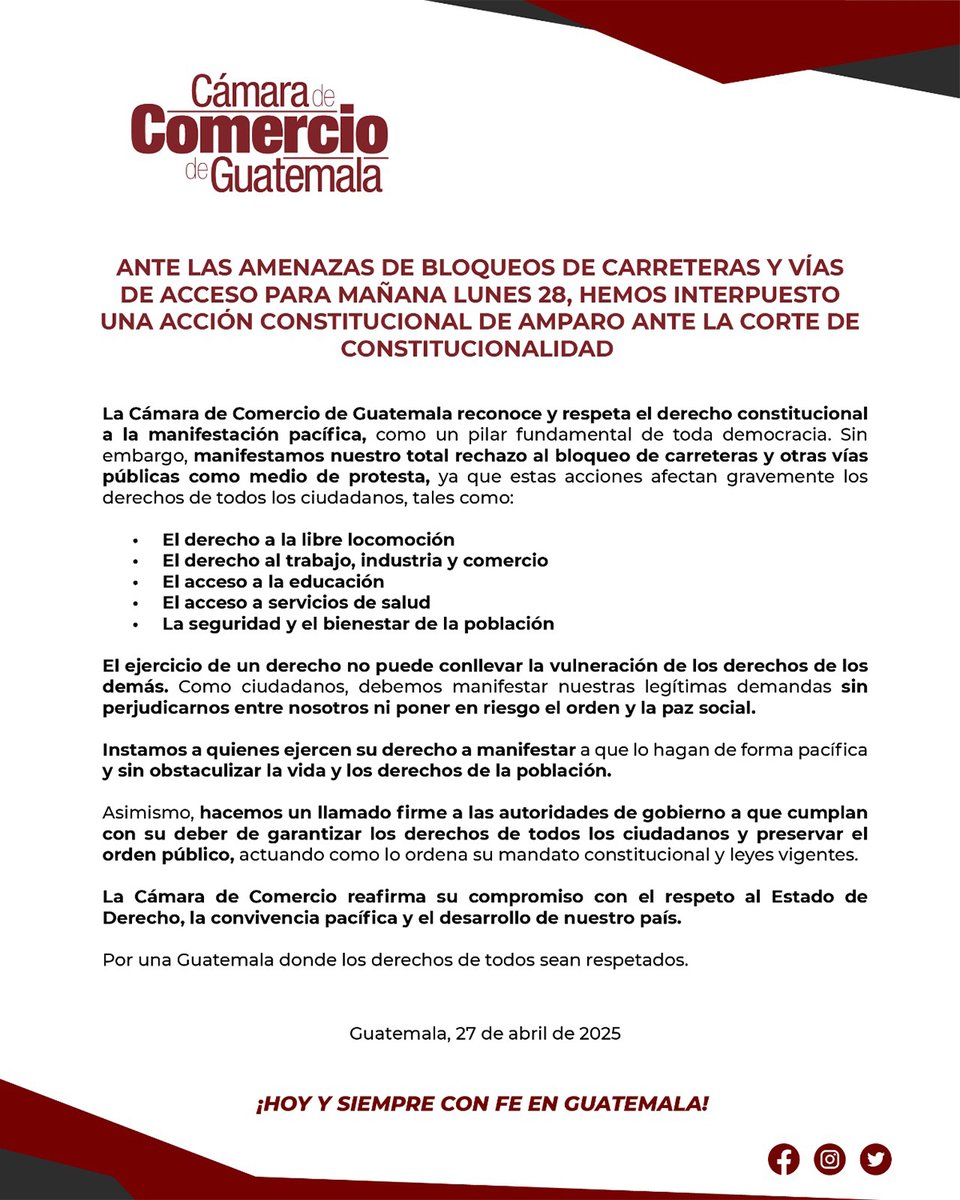 CamComercioGT's tweet photo. 📢 Cámara de Comercio de Guatemala interpuso una Acción Constitucional de Amparo en la CC, ante la amenaza para mañana del bloqueo de carreteras como medio de protesta.

El derecho a manifestar, no puede conllevar la vulneración de los derechos de los demás. https://t.co/jle98IzTEZ