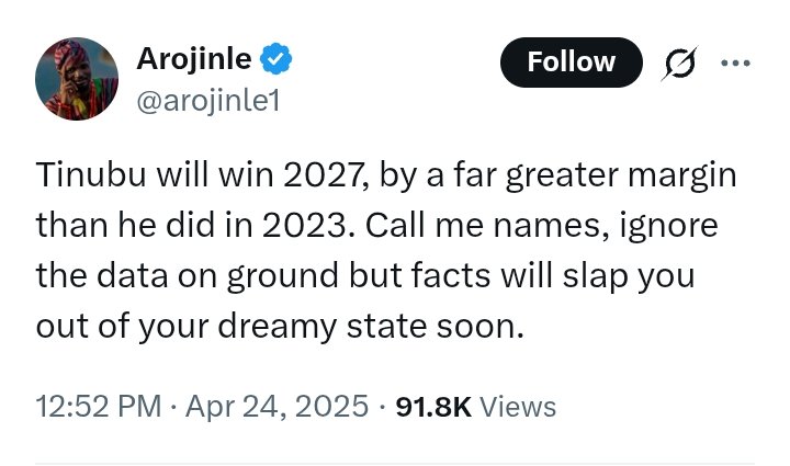 ...was waiting to see the "data on ground" &amp; the "facts" he based BAT winning in 2027 on, but lo &amp; behold, man was reeling out permutations &amp; conjectures; his much talked about "realities on ground" are based on IF... 🤡

See why some are "sophisticated mørøns &amp; fraudulectuals"👺