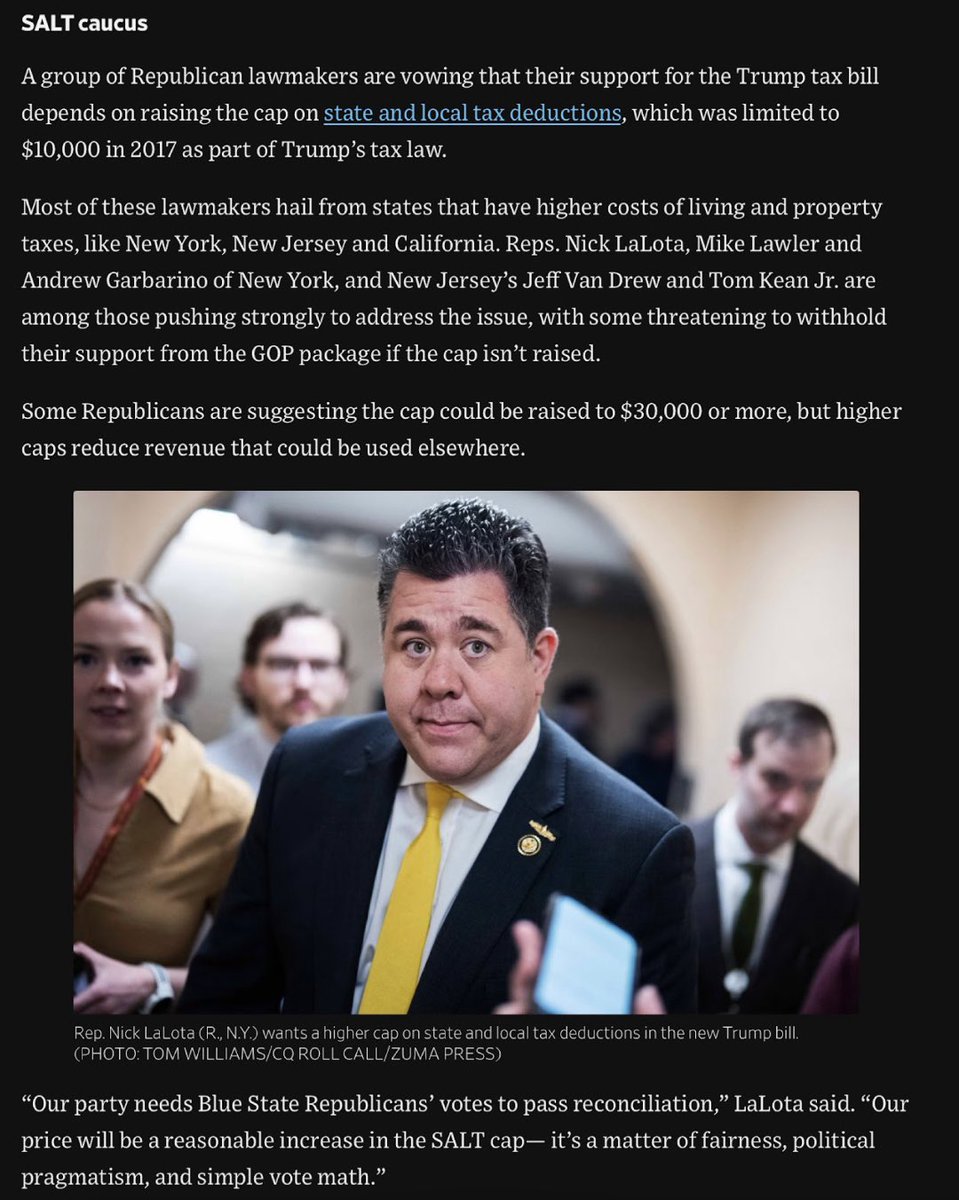 Nick LaLota 🗽💪🇺🇸🫡 (@nicklalota) on Twitter photo Thanks <a href="/WSJ/">The Wall Street Journal</a> for covering SALT. TCJA 2017 brought the nation great prosperity— but less so for NYers due to the SALT cap. Now, to extend it, GOP needs Blue State Republican votes. Mine comes with an ask: a reasonably higher SALT cap. Thanks <a href="/WSJ/">The Wall Street Journal</a> for covering SALT. TCJA 2017 brought the nation great prosperity— but less so for NYers due to the SALT cap. Now, to extend it, GOP needs Blue State Republican votes. Mine comes with an ask: a reasonably higher SALT cap.