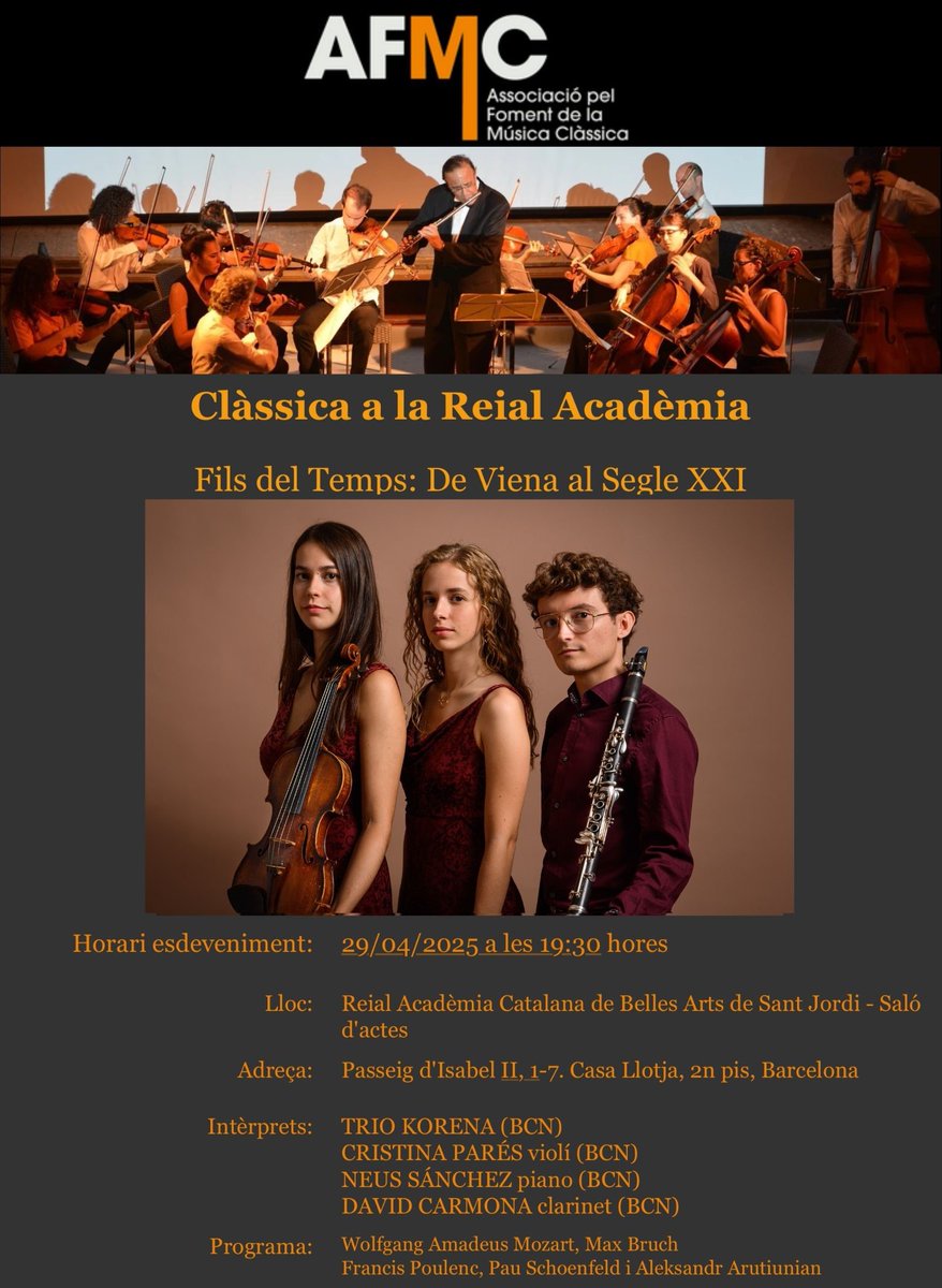 Aquest proper dimarts 29 d'abril a les 19.30 el Trio Kórena format pel socis Cristina Parés (violí), Neus Sánchez (piano) i David Carmona (clarinet) actuaran a la Reial Acadèmia Catalana de Belles Arts de Sant Jordi 
ENTRADES: fomentdelaclassica.cat/booking.php?ev…