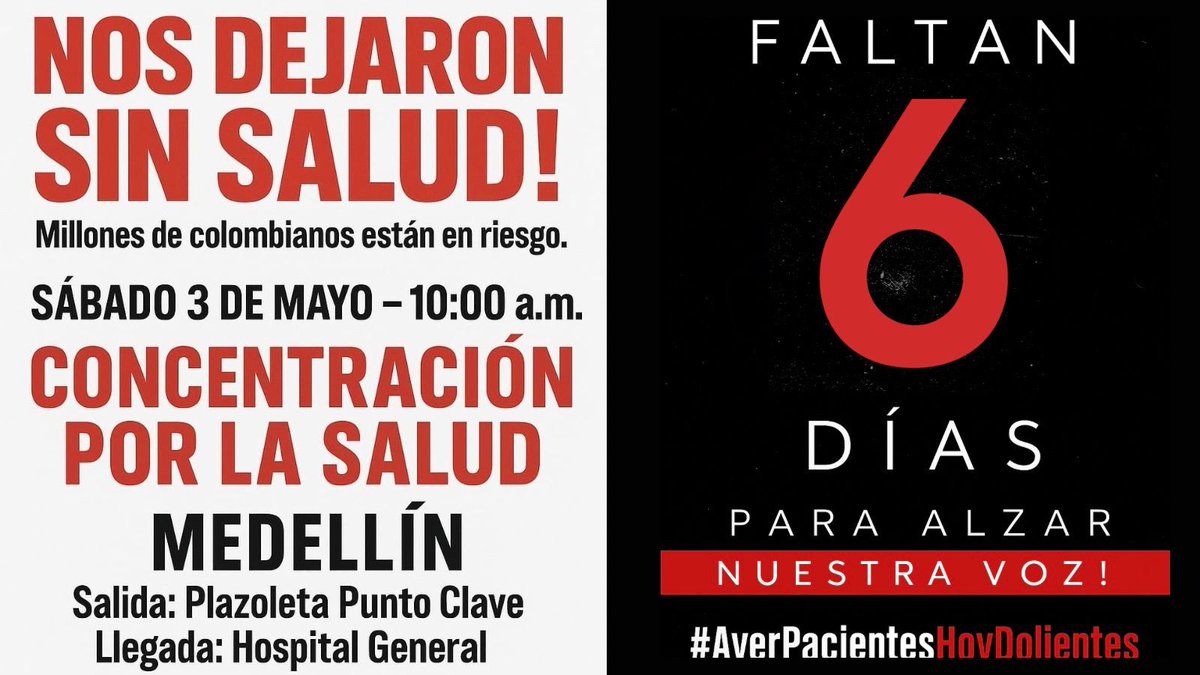 ¡Faltan solo 6 días!
Este 3 de mayo alzamos la voz por la salud en Medellín.
Plazoleta Punto Clave - 10:00 a.m.

¡Que el país nos escuche!

#AyerPacientesHoyDolientes
#PlantonPorLaSalud
#Antioquia3DeMayo
