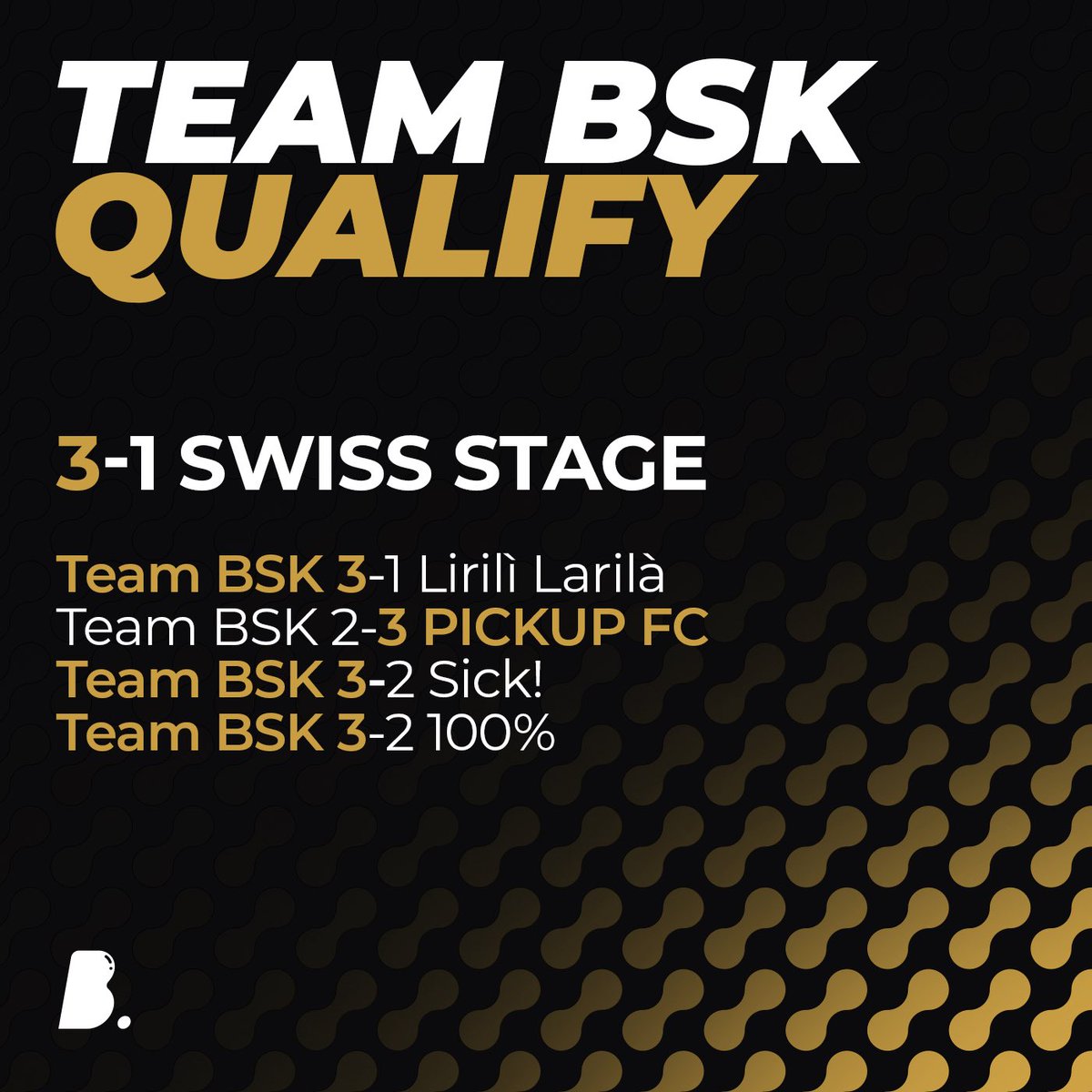 They made it!

<a href="/TeamBSK_/">BSK ESPORT</a> upsets <a href="/100RLCS/">100%</a> to qualify to main event 🥳

Congrats <a href="/rust_ez95/">rust ez95</a> <a href="/WhiiskyDrink/">Pisky</a> <a href="/Mozzarella59/">Mozzarella</a> <a href="/EkonRL/">Ekon</a> <a href="/PierretteRL/">Pierrette</a> 🥂