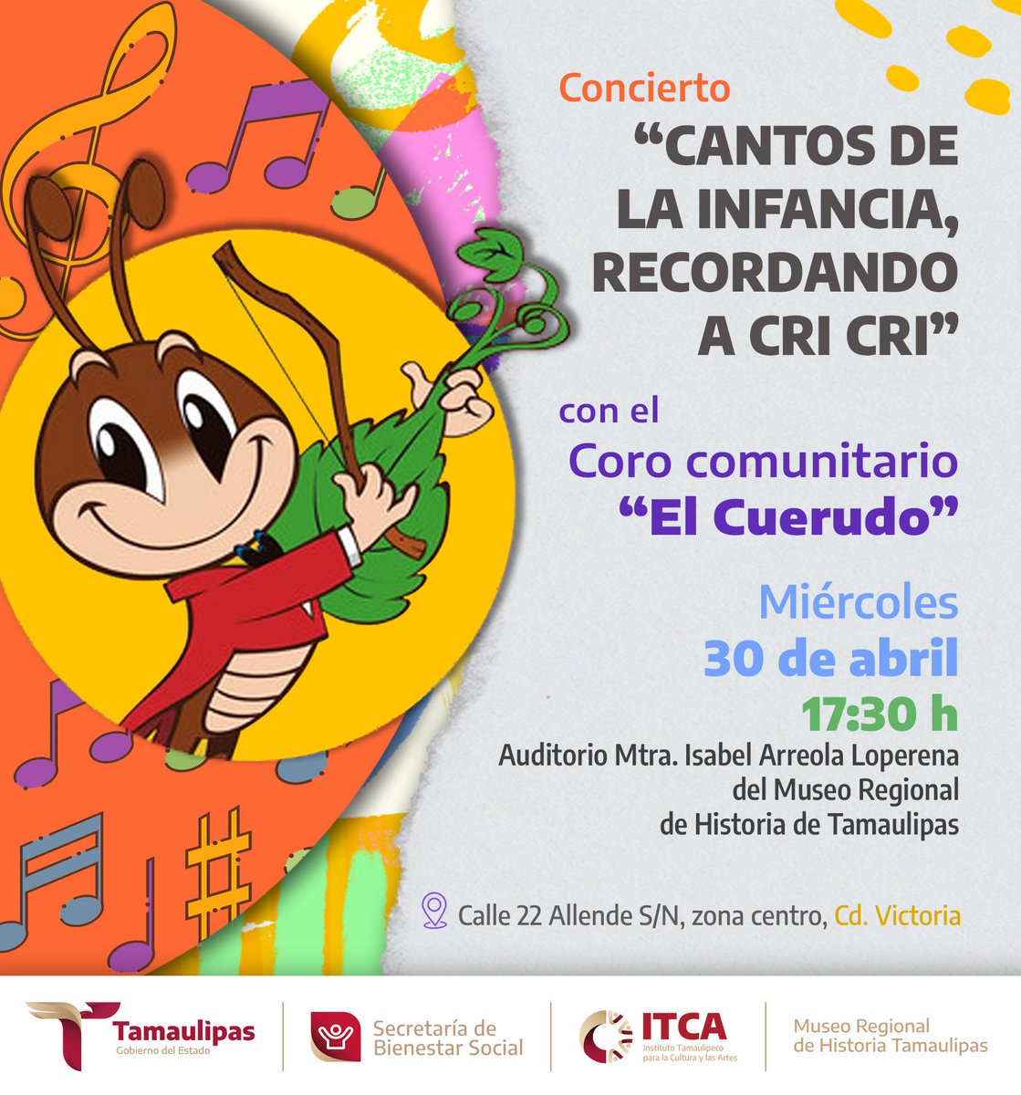 Ven a celebrar el Día del Niño con nosotros 👧🏻🧑🏻, disfrutando de "Cantos de la Infancia" 🎶, un concierto muy especial recordando a Cri-Crí  junto al Coro Comunitario "El Cuerudo".

Será una tarde llena de música y recuerdos ✨️

📅 Miércoles 30 de abril
⏰ 5:30 p.m.