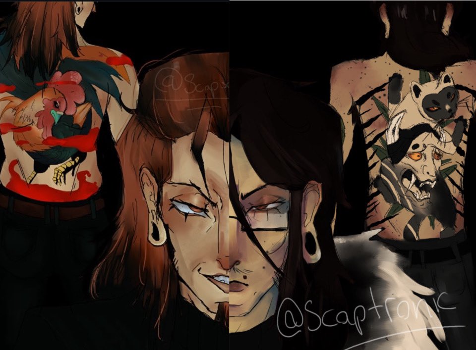 Scaptronic's tweet image. Hajime Katoka and Anzhong Moriya. 
(My yakuza OCs)

#yakuzaoc #Yakuza