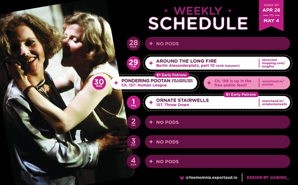 Weekly schedule! Around the Long Fire gets to one of our favorite scenes from the book, Pondering Pootan goes synth-pop, and Ornate Stairwells has a blast with a very fun judo movie (and the Non-Homophobia Zone has a surprise you won't want to miss)!