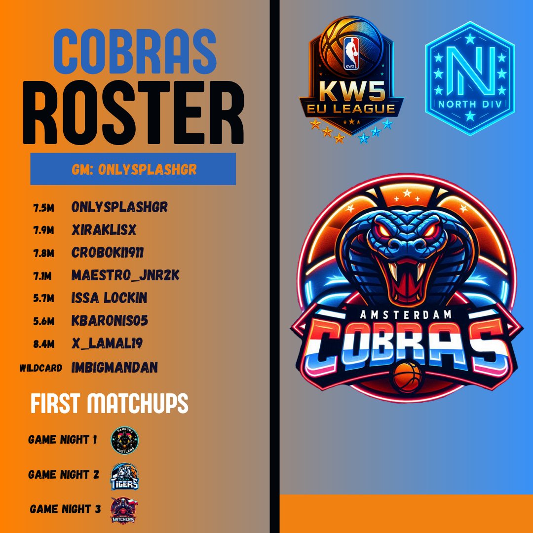 KW5 EU League (@kw5league) on Twitter photo Welcoming the #AmsterdamCobras (North) to Season 5 with the following line up:
#OnlySplashGR (GM)
<a href="/xiraklisx/">Hercules🩻</a>
#CROBoki1911
@Maestro_JNR2k
#ISSALOCKIN
<a href="/kbaronis05/">KBARONIS 05</a>
#x_lamal19
<a href="/IMBIGMANDAN/">IMBIGMANDAN</a>
#kw5 Welcoming the #AmsterdamCobras (North) to Season 5 with the following line up:
#OnlySplashGR (GM)
<a href="/xiraklisx/">Hercules🩻</a>
#CROBoki1911
@Maestro_JNR2k
#ISSALOCKIN
<a href="/kbaronis05/">KBARONIS 05</a>
#x_lamal19
<a href="/IMBIGMANDAN/">IMBIGMANDAN</a>
#kw5