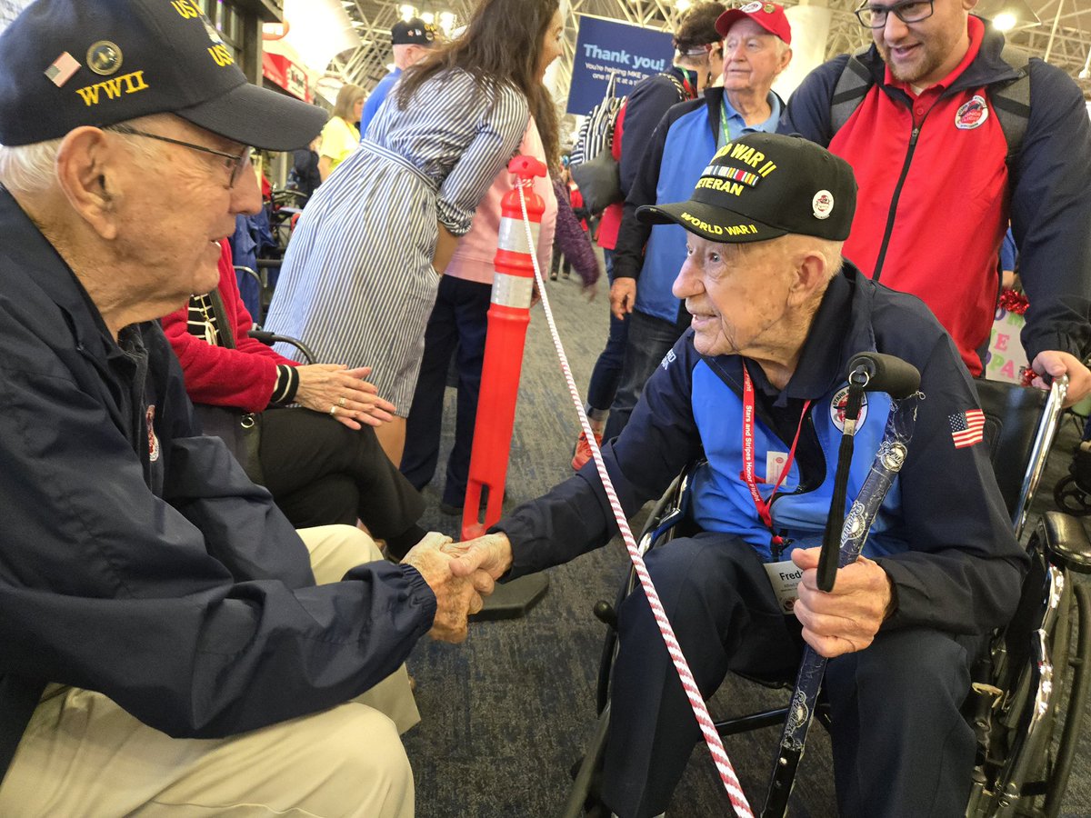 Our WWII veterans belong to a club that gets smaller every day. Last night, D-Day Navy veteran Floyd was able to welcome home WWII (Europe) Army veteran Freddy from his Stars &amp; Stripes Honor Flight.

2 heroes, sharing a moment. 200+ years of wisdom and service between them. 🇺🇸