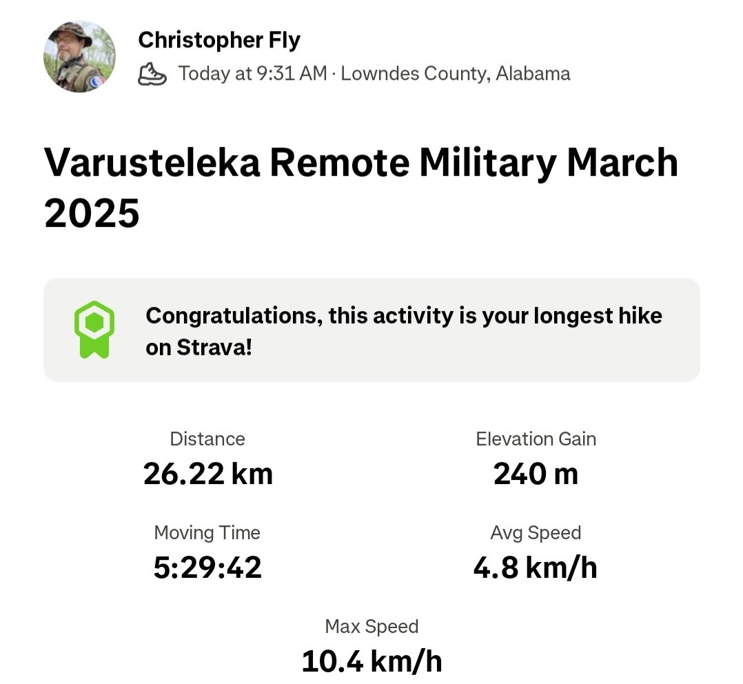 christopherafly's tweet photo. Varusteleka's Remote Military March 2025. I jumped on with the first edition in 2020, then found other remote events as they popped up later. I've walked many more kilometers since then. Grateful to be able to do this.
#vrmm2025 #varusteleka #remotemilitarymarch https://t.co/1L8NVxu6aX