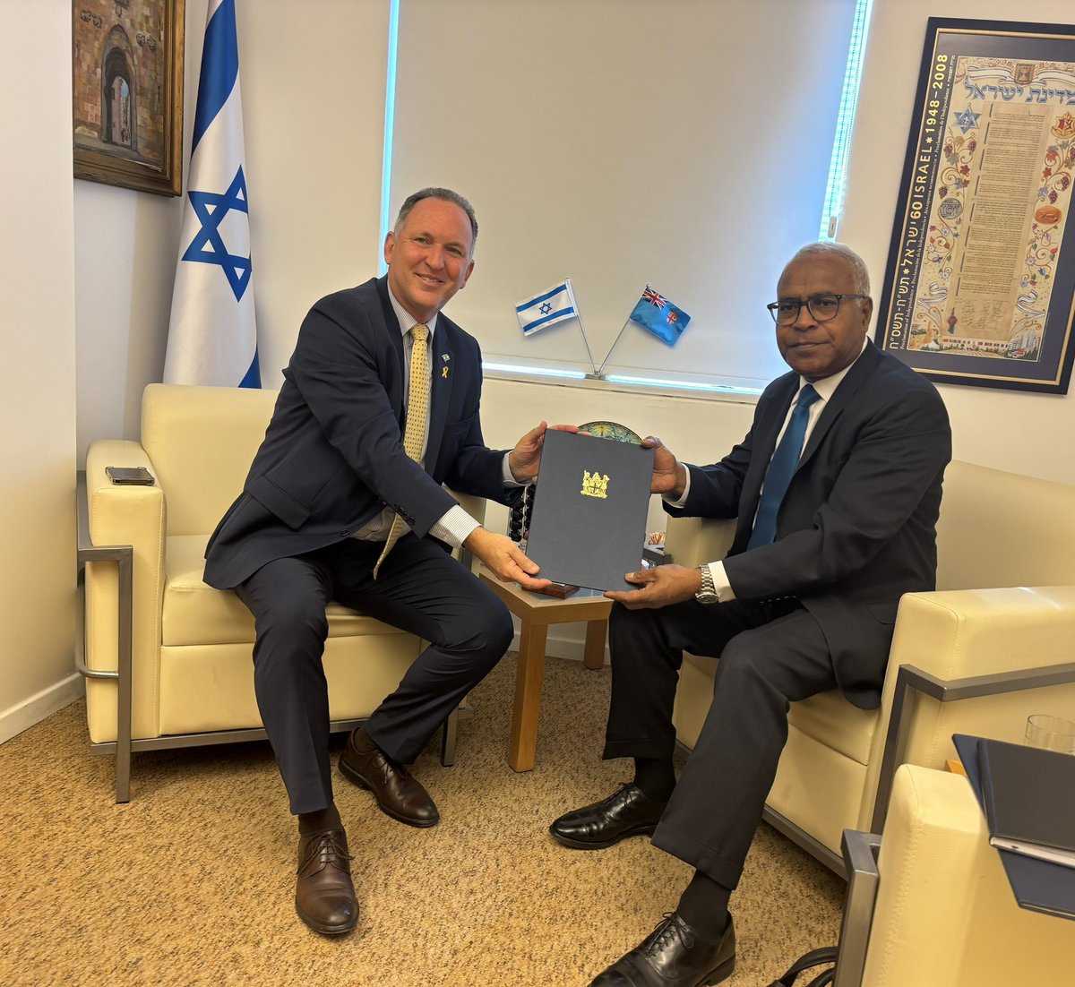 Fiji at the UN🇫🇯 (@fijimissionun) on Twitter photo Significant meeting between Fiji’s Ambassador-designate to Israel H.E. Ambassador <a href="/AFTarakinikini/">Ambassador Filipo Tarakinikini</a> with the Chief of Protocol of the State of Israel <a href="/GilHaskel/">Gil Haskel 🇮🇱</a> as H.E. Tarakinikini successfully presents copy of credentials in preparation for the credentials ceremony at the Significant meeting between Fiji’s Ambassador-designate to Israel H.E. Ambassador <a href="/AFTarakinikini/">Ambassador Filipo Tarakinikini</a> with the Chief of Protocol of the State of Israel <a href="/GilHaskel/">Gil Haskel 🇮🇱</a> as H.E. Tarakinikini successfully presents copy of credentials in preparation for the credentials ceremony at the